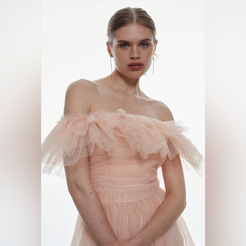 NWT Karen Millen Tulle Corseted Bardot Maxi Dress in Blush - Picture 3 of 11